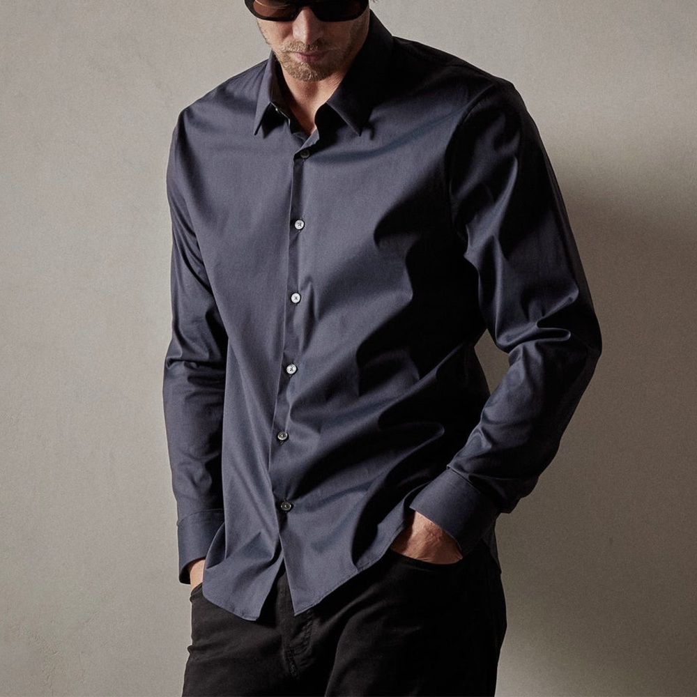 JAMES PERSE MATTE STRETCH POPLIN DRESS SHIRT NAVY SIZE 2